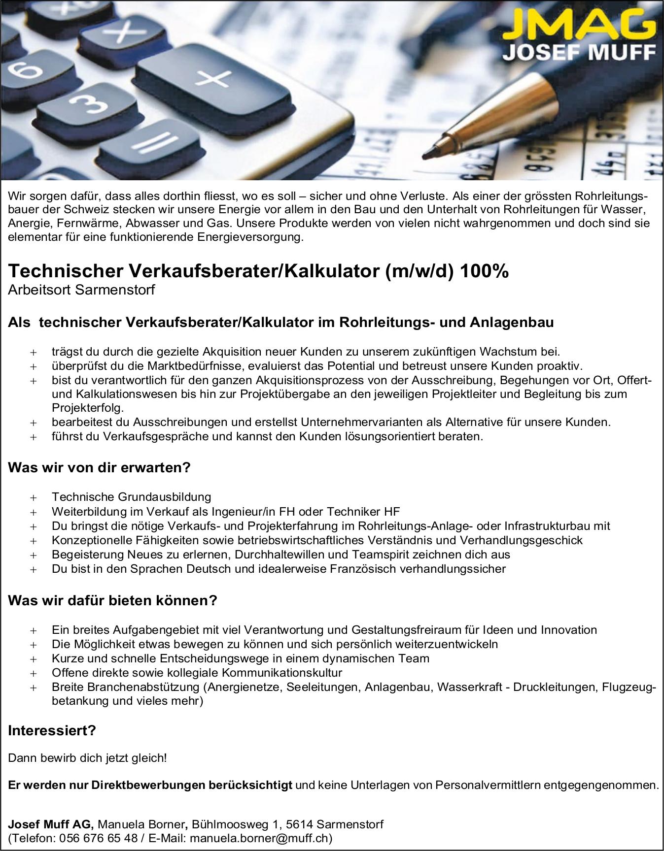 Technischer Verkaufsberater/Kalkulator (m/w/d) 100%, JMAG JOSEF MUFF, Sarmenstorf, Gesucht