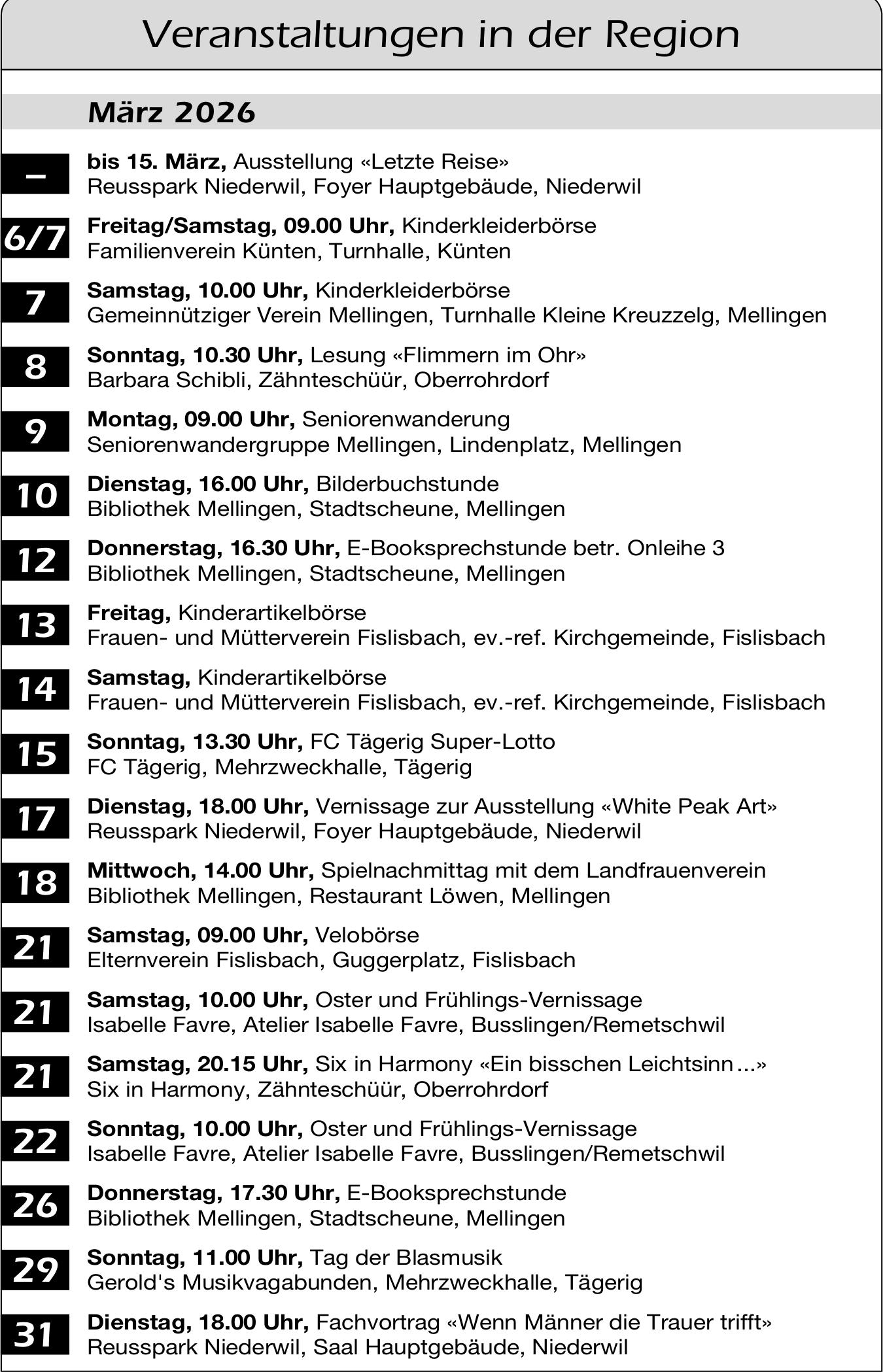 Veranstaltungen in der Region, 1. - 31. März