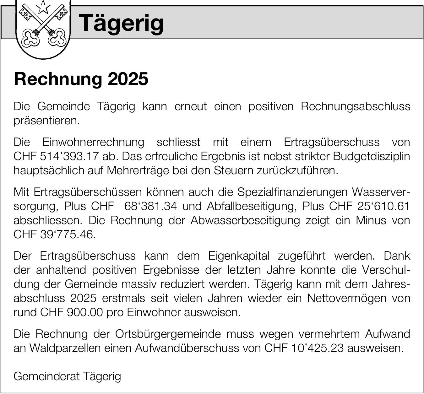 Kanton, Gemeinde Tägerig, Rechnung 2025