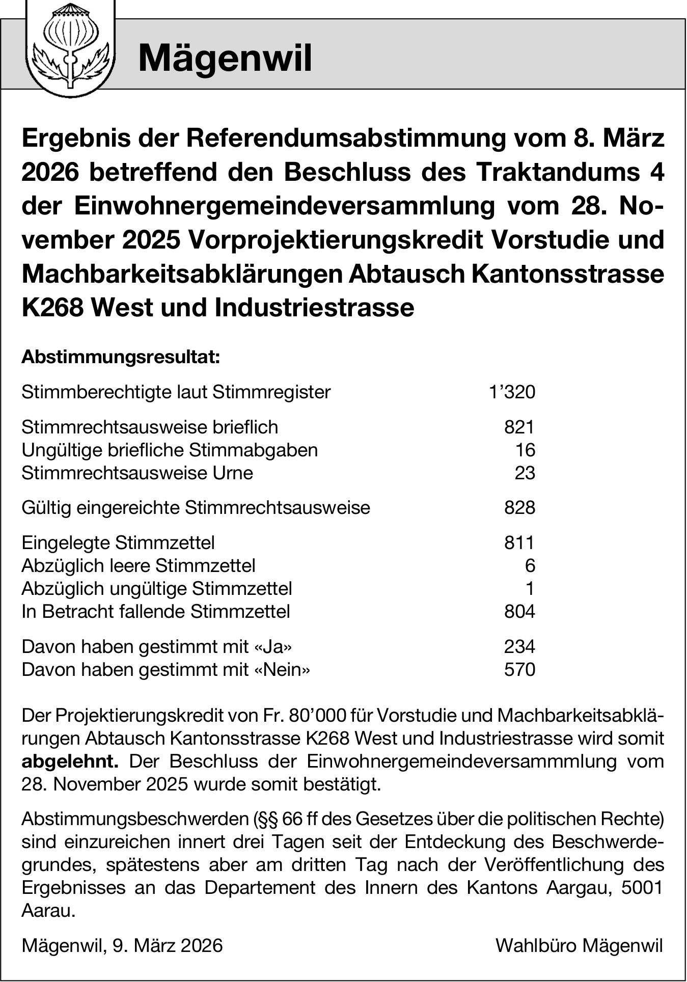 Gemeinde, Wahlbüro Mägenwil, Ergebnis der Referendumsabstimmung vom 8. März 2026