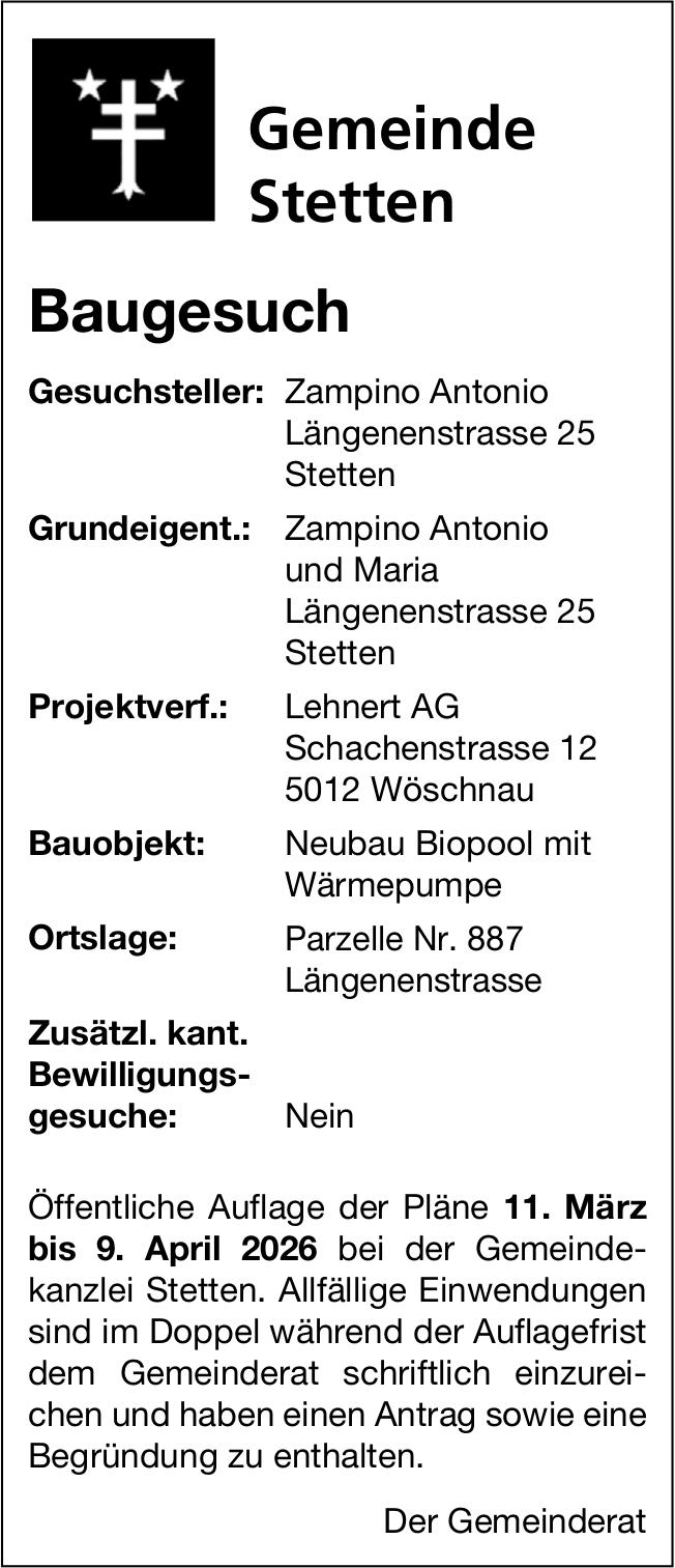 Baugesuche, Stetten - Gemeinde Stetten