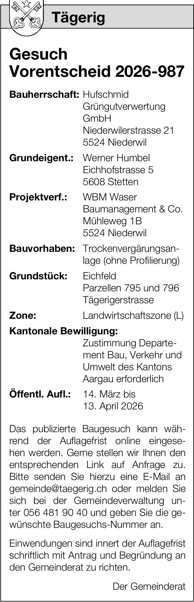 Baugesuche, Niederwil - Gemeinde Tägerig