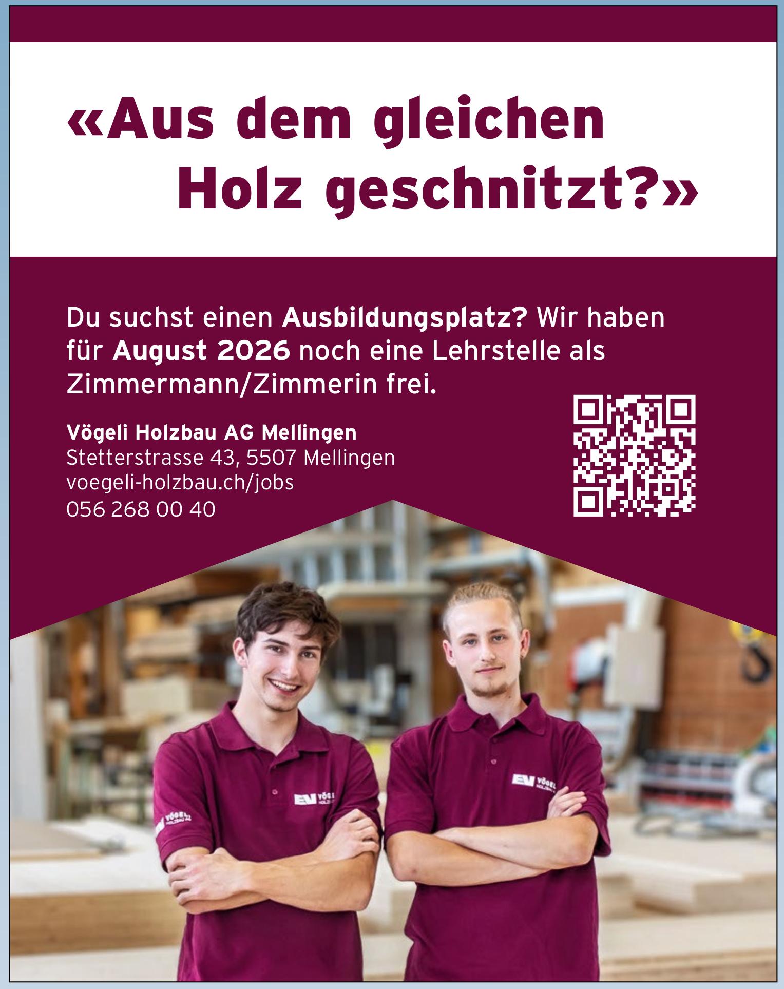 Lehrstelle als Zimmerin/Zimmermann, Vögeli Holzbau AG, Mellingen, zu vergeben