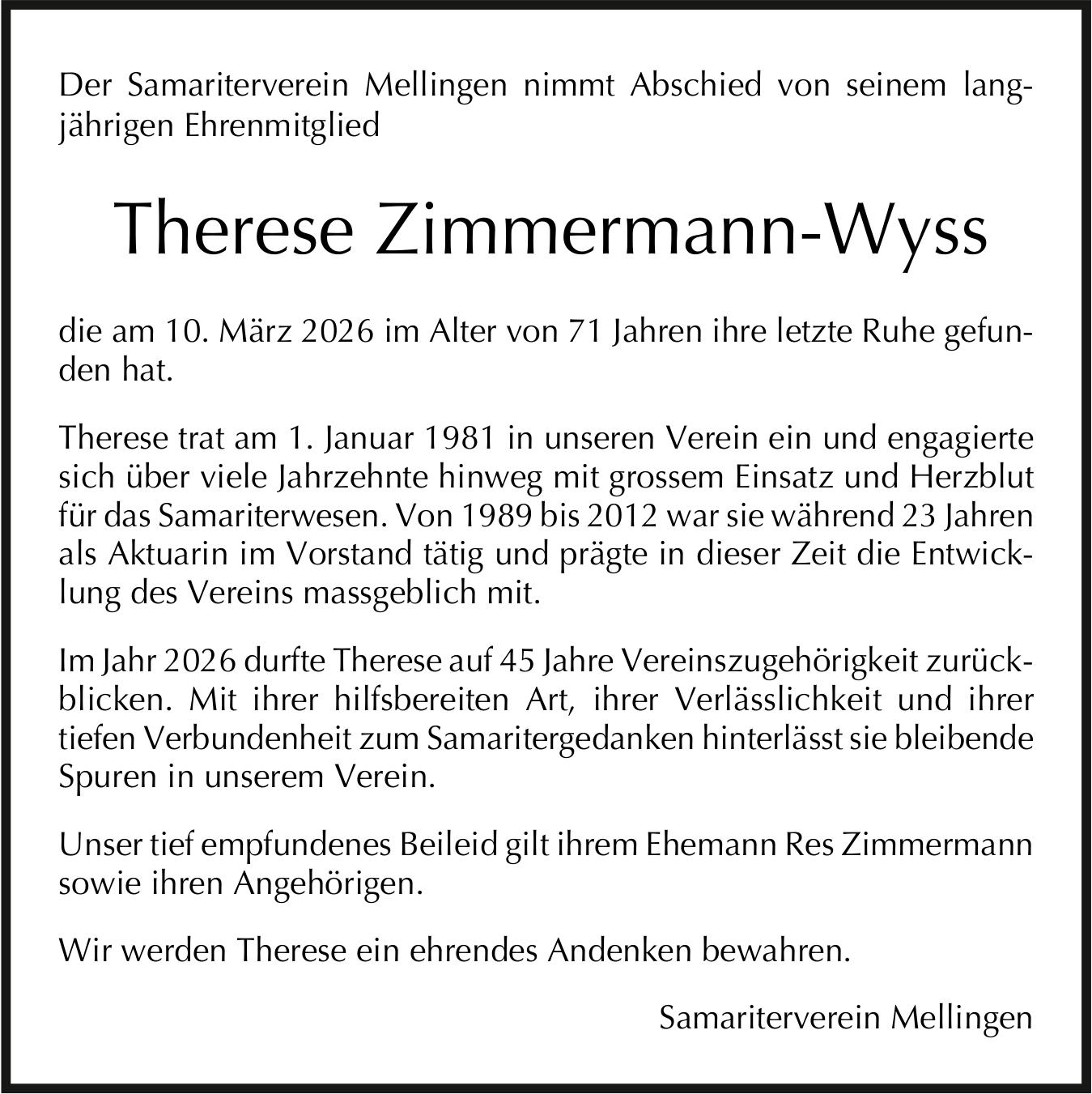 Therese Zimmermann-Wyss, März 2026 / TA