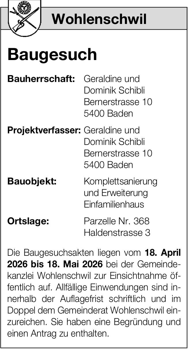 Baugesuche, Wohlen Schwil