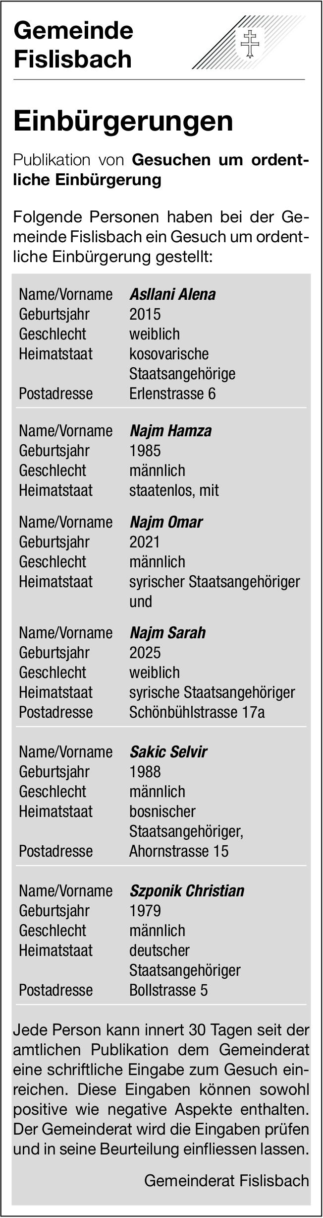 Gemeinde Fislisbach, Publikation von Gesuchen um ordentliche Einbürgerung