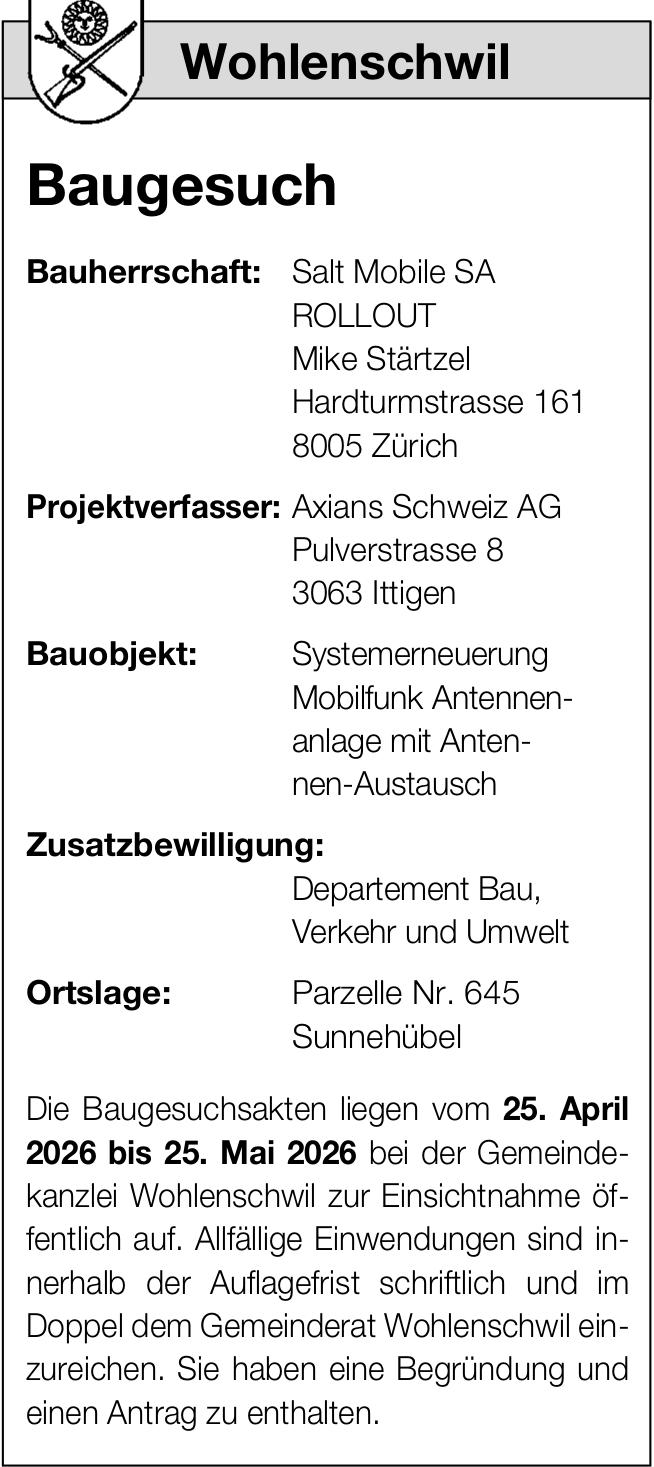 Baugesuche, Wohlenschwil - Baugesuch, Salt Mobile AG