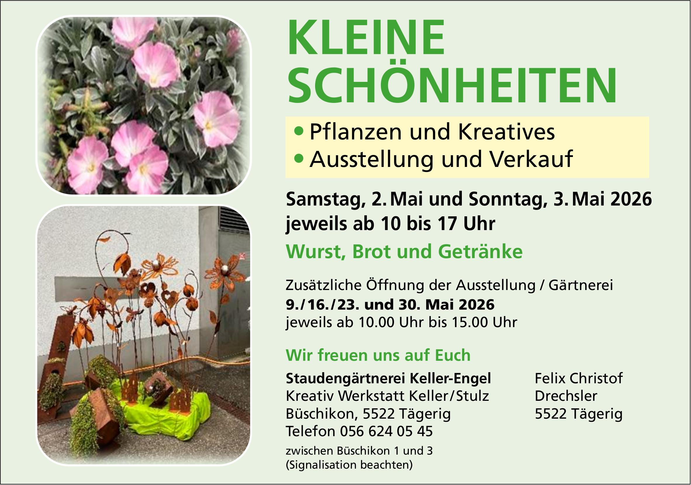 KLEINE SCHÖNHEITEN - Pflanzen und Kreatives / Ausstellung und Verkauf, 2. / 3. Mai, Staudengärtnerei Keller-Engel, Tägerig