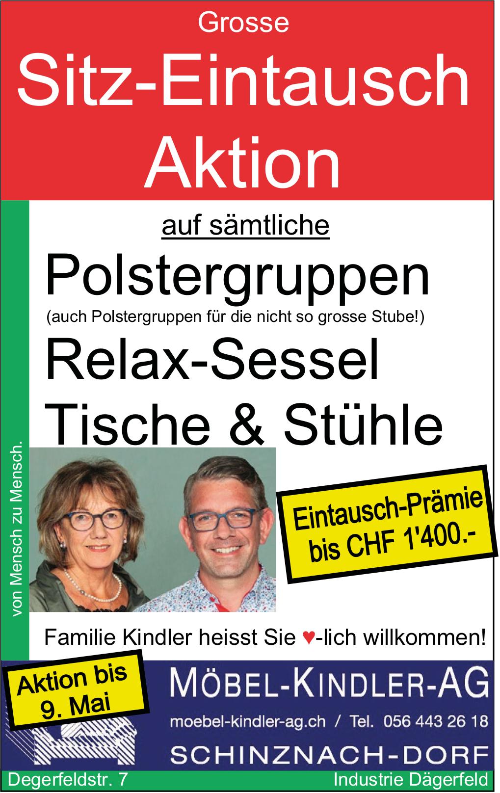 Grosse Sitz-Eintausch Aktion auf sämtliche Polstergruppen bis 9. Mai, Möbel Kindler AG, Schinznach-Dorf