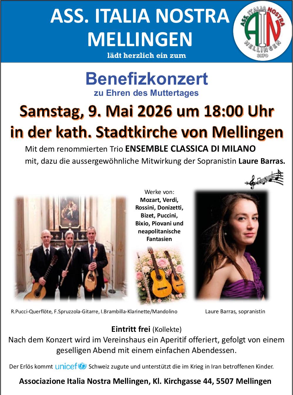 Benefizkonzert, 9. Mai, kath. Stadtkirche von Mellingen