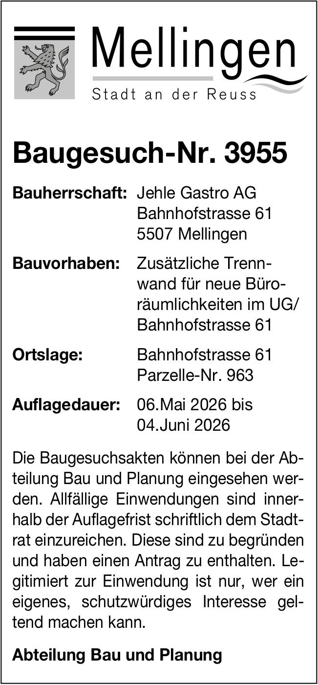 Baugesuche, Mellingen, Baugesuch-Nr. 3955, Jehle Gastro AG