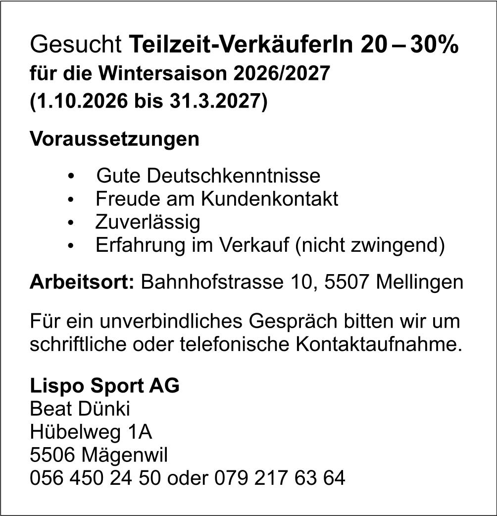 Teilzeit-VerkäuferIn 20 – 30%, Lispo Sport AG, Mägenwil, Gesucht
