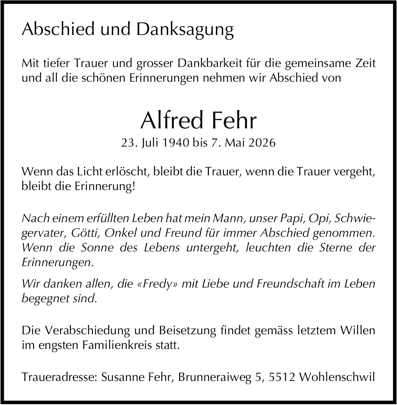 Alfred Fehr, im Mai 2026 / TA + DS