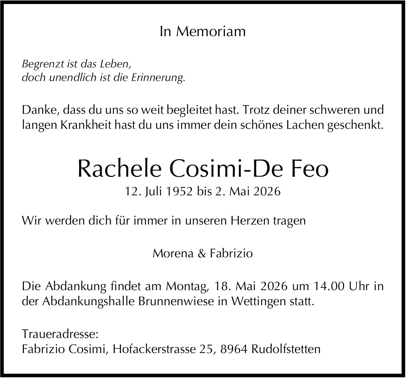 Cosimi-De Feo Rachele, Mai 2026 / TA