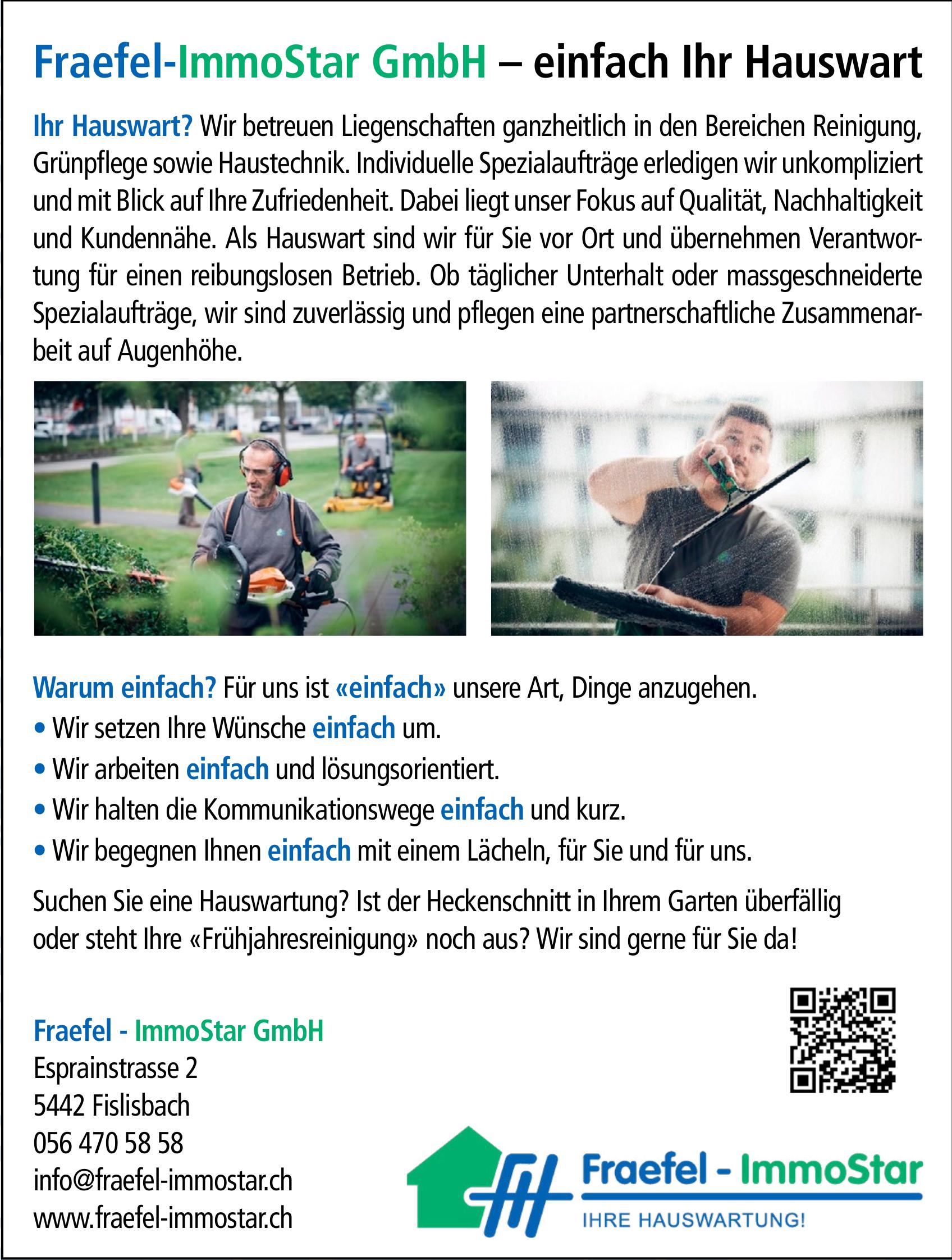 Fraefel-ImmoStar GmbH, Fislisbach - einfach Ihr Hauswart