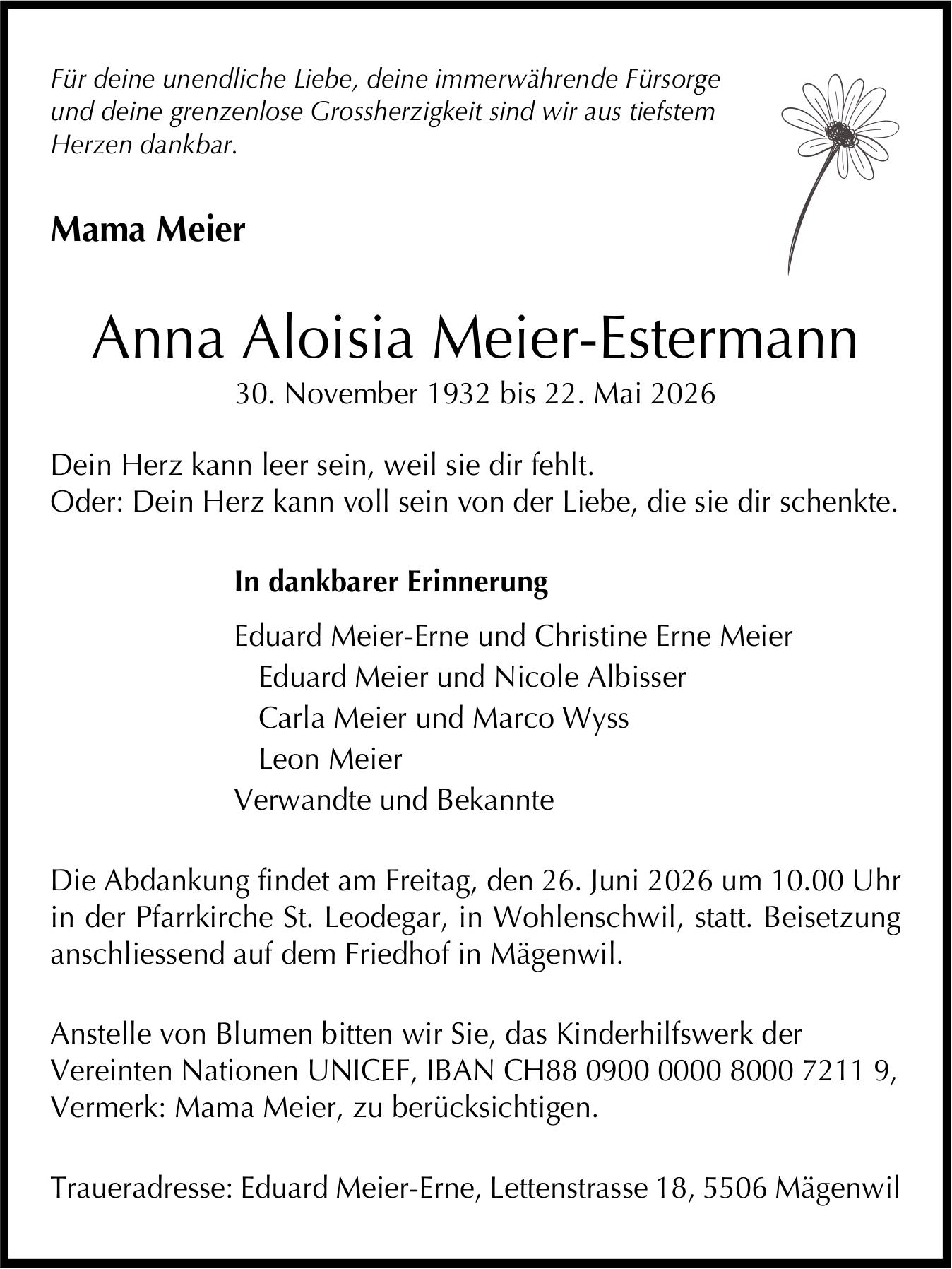 Meier-Estermann Anna Aloisia, Mai 2026 / TA