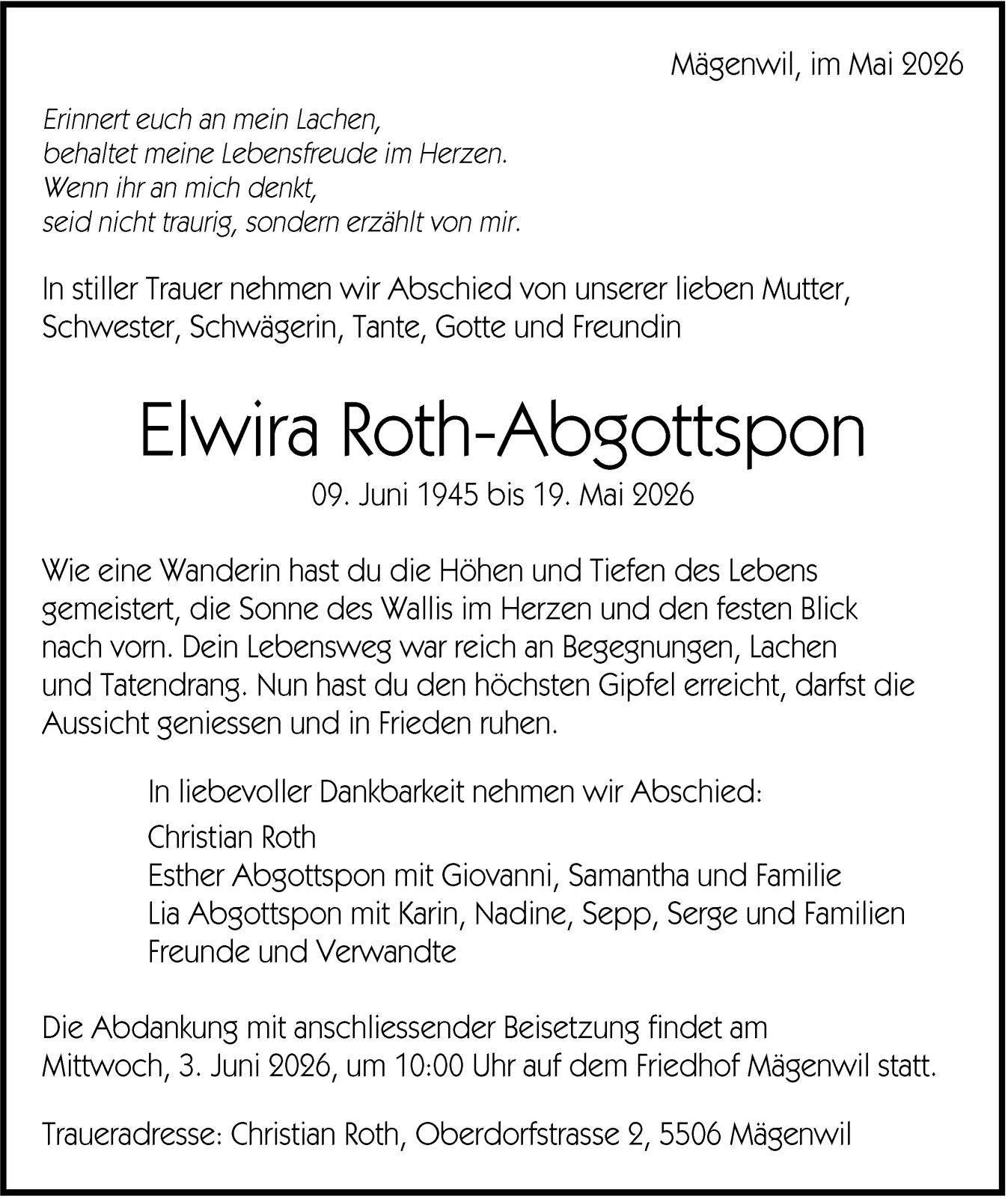 Roth-Abgottspon Elwira, Mai 2026 / TA