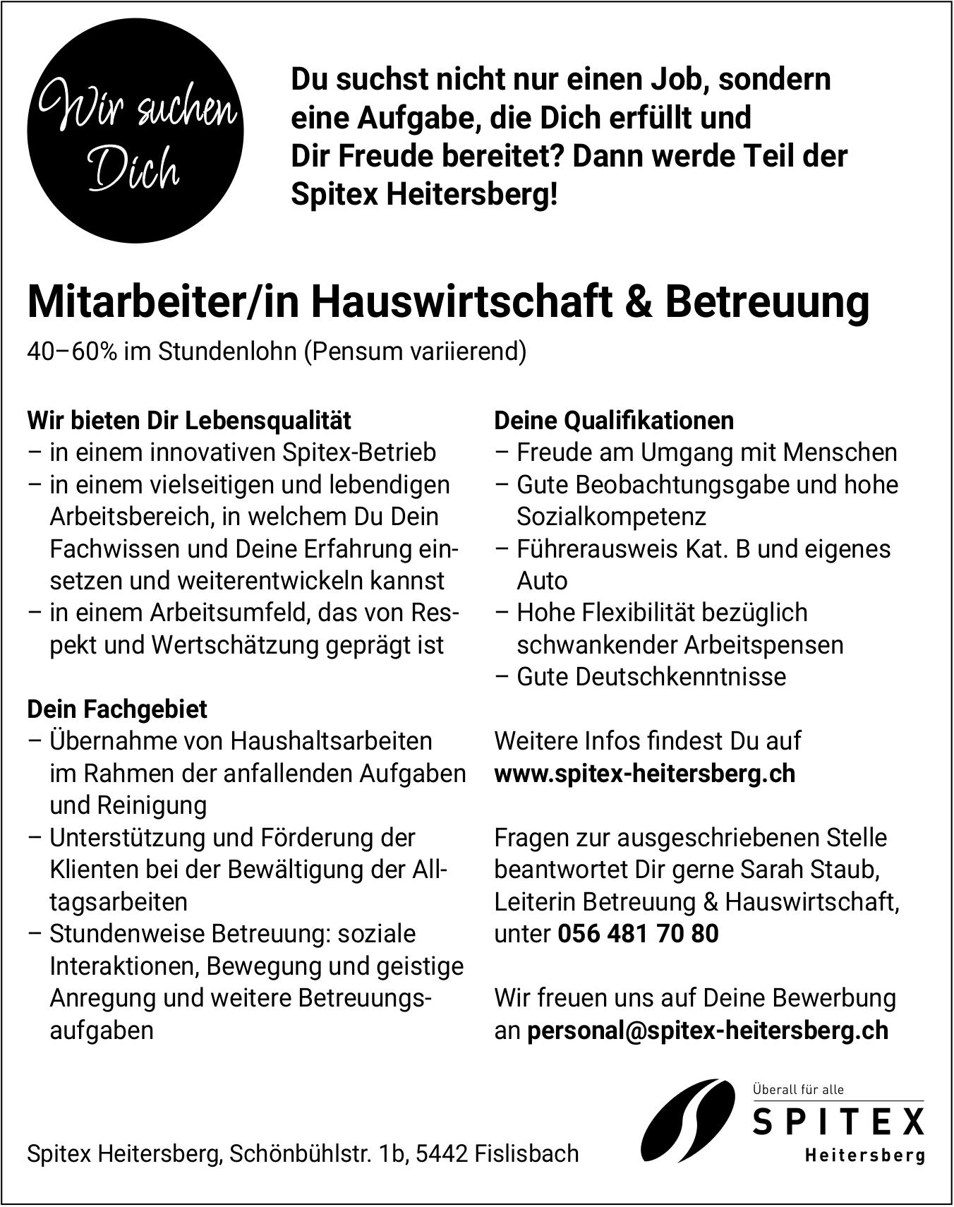 Mitarbeiter/in Hauswirtschaft & Betreuung, Spitex Heitersberg, Fislisbach, Gesucht