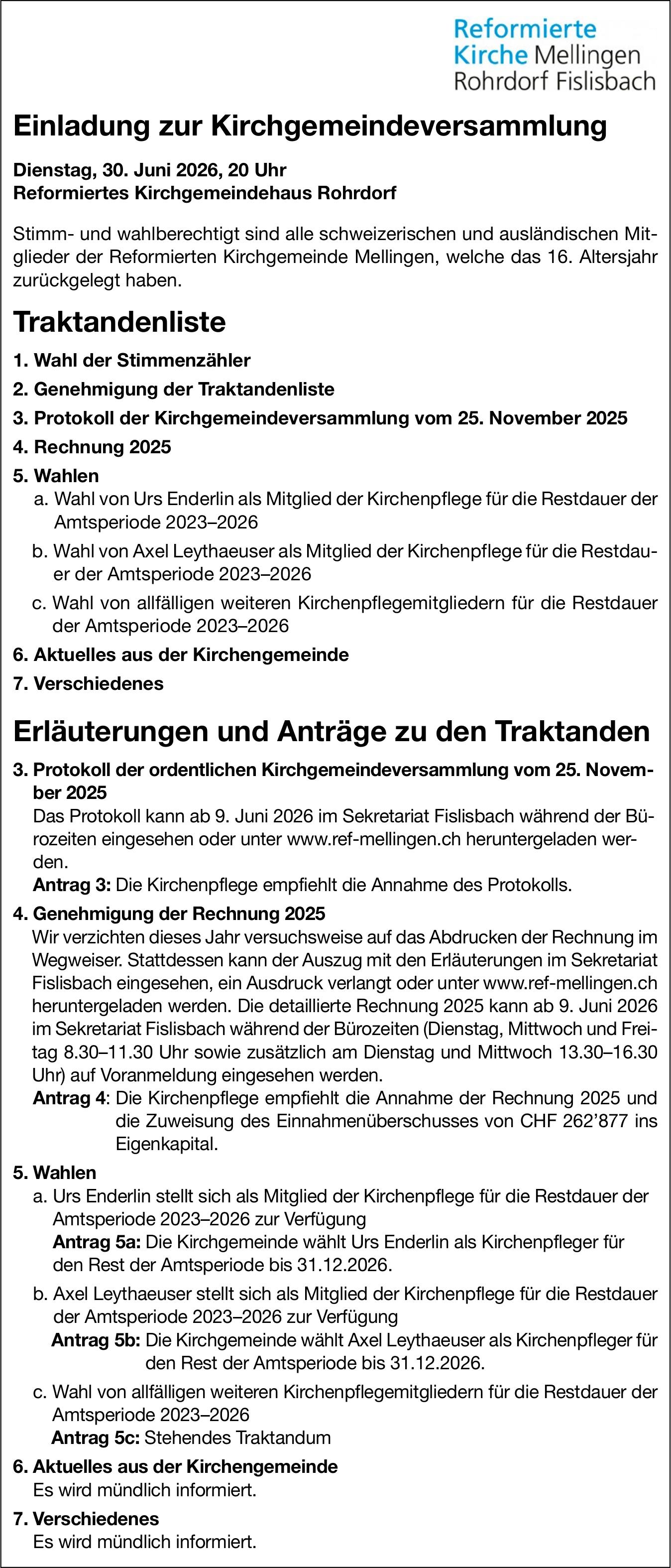 Einladung zur Kirchgemeindeversammlung, 30. Juni, Reformiertes Kirchgemeindehaus Rohrdorf