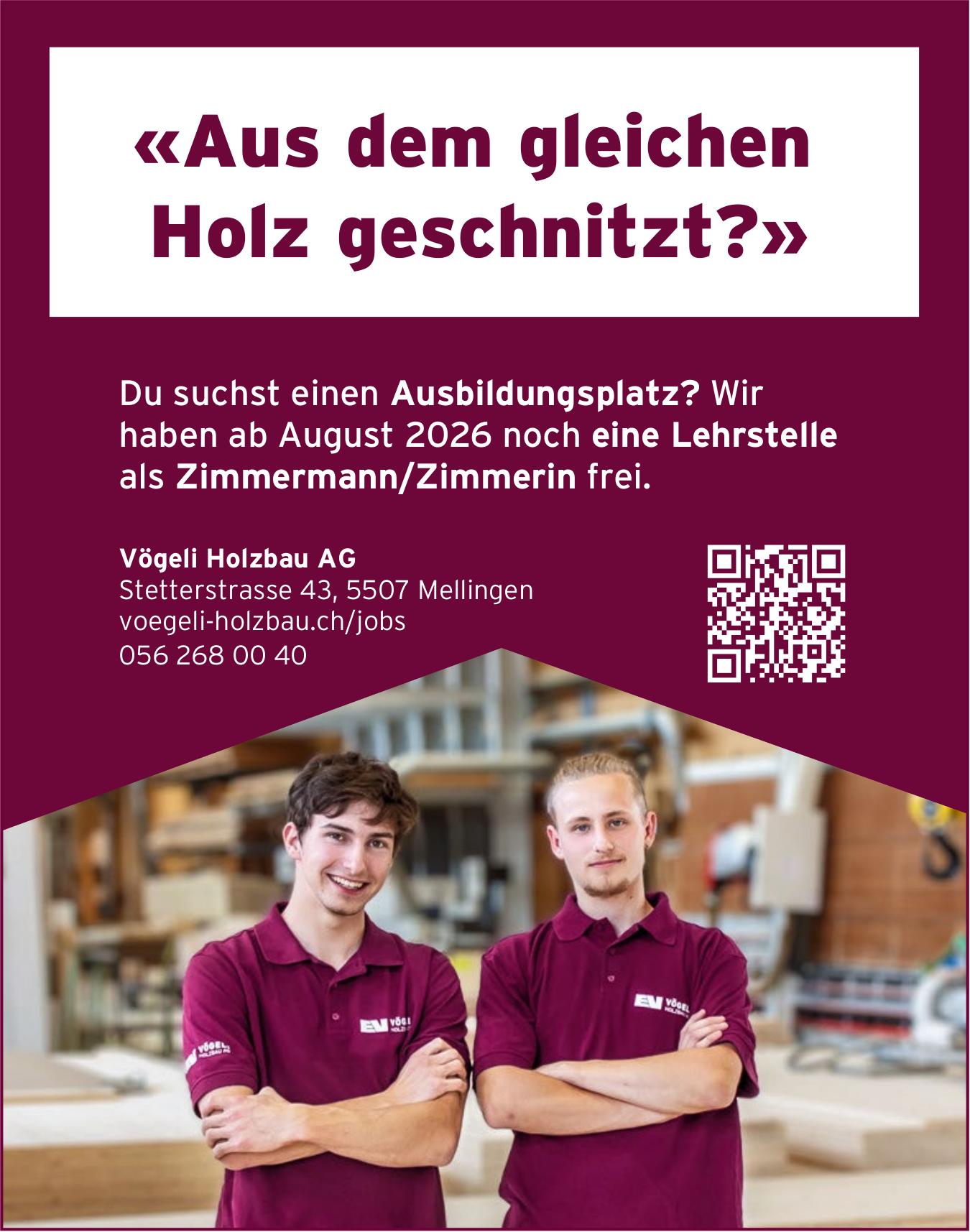 Lehrstelle als Zimmermann/Zimmerin, Vögeli Holzbau AG, Mellingen, zu vergeben