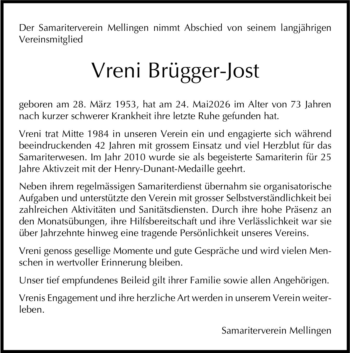 Vreni Brügger-Jost, Mai 2026 / TA