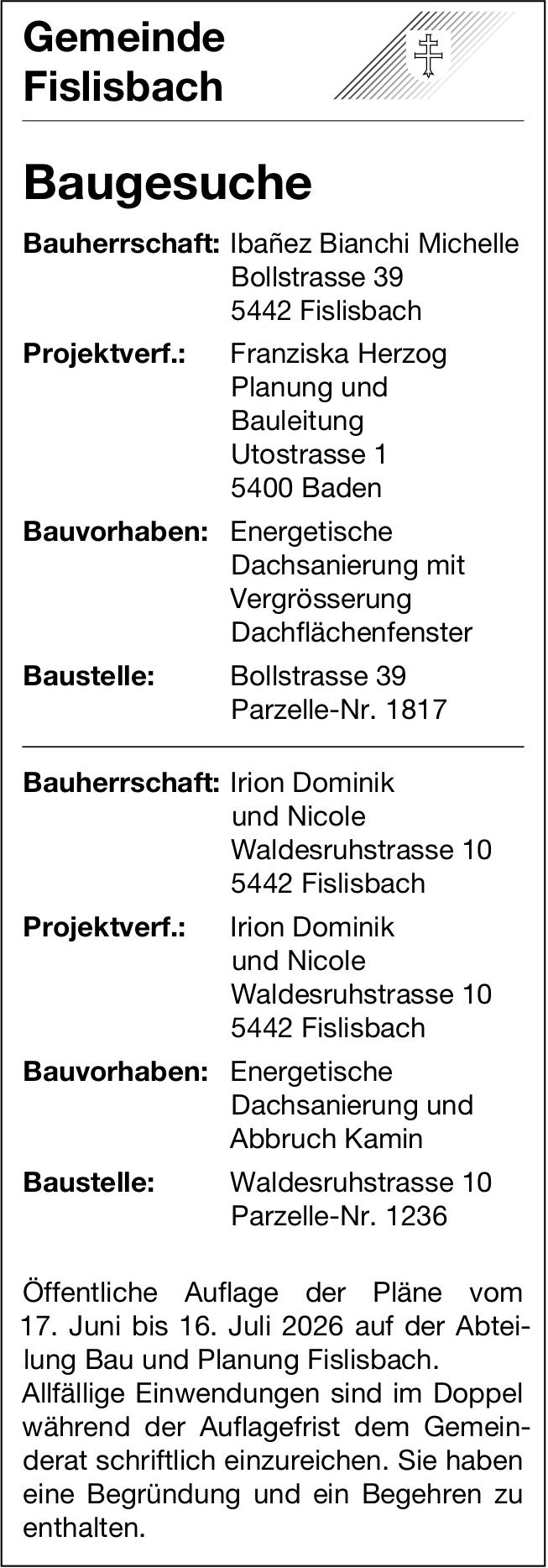 Baugesuche, Fislisbach - Ibañez Bianchi Michelle / Irion Dominik und Nicole
