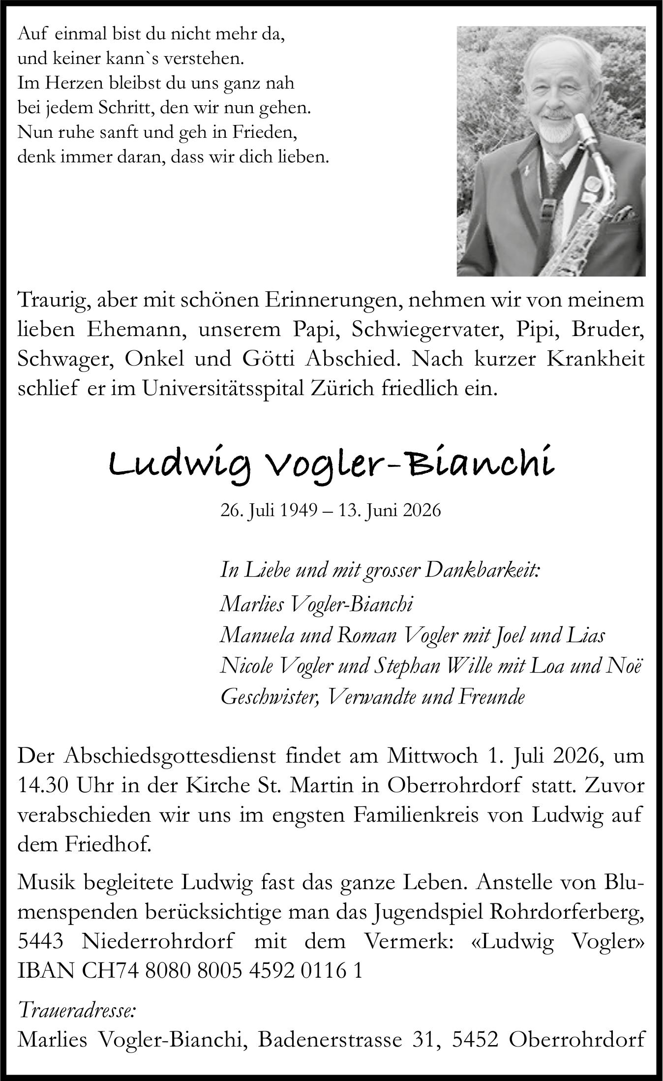 Ludwig Vogler-Bianchi, Juni 2026 / TA