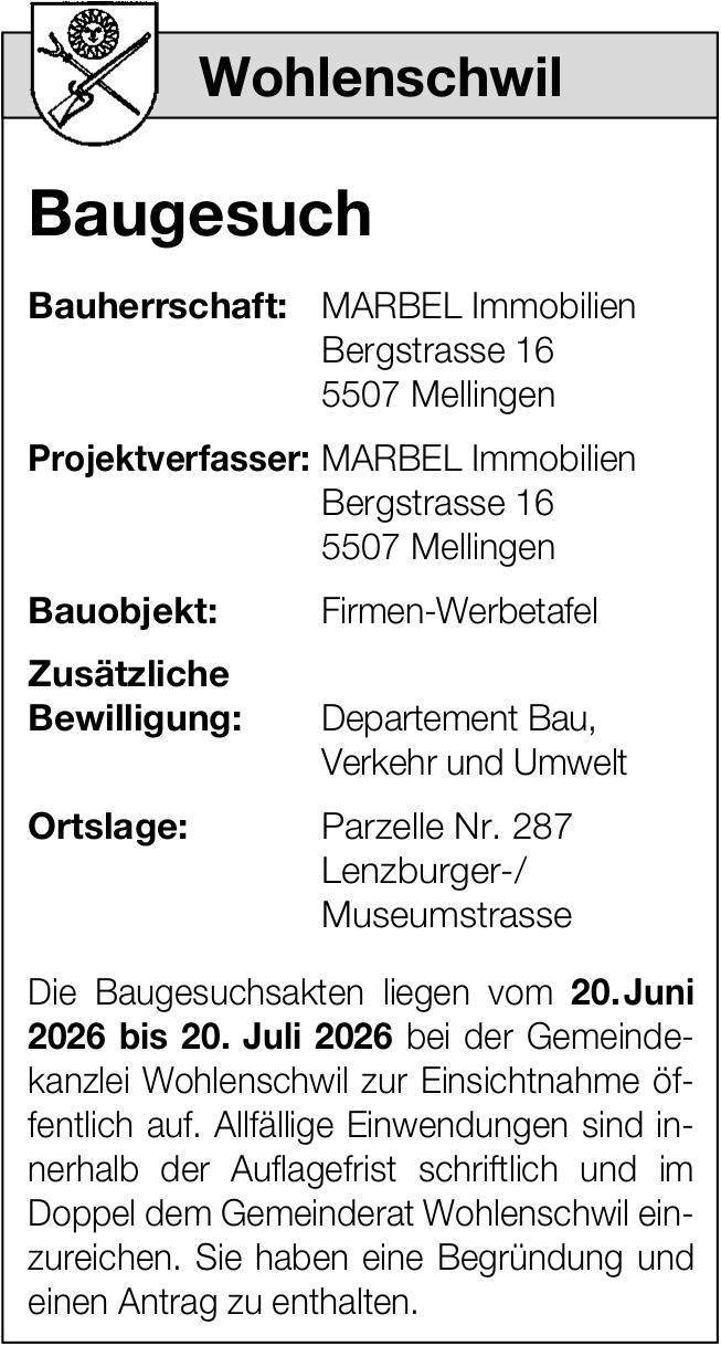 Baugesuche, Wohlenschwil, MARBEL Immobilien