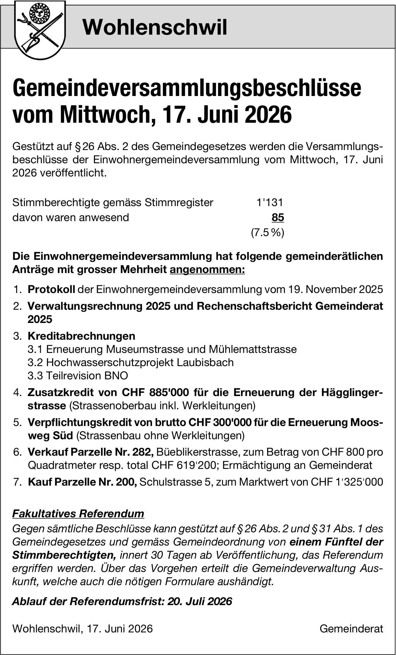 Lokale Gemeinschaft, Wohlen AG, Gemeindeversammlungsbeschlüsse vom Mittwoch, 17. Juni 2026