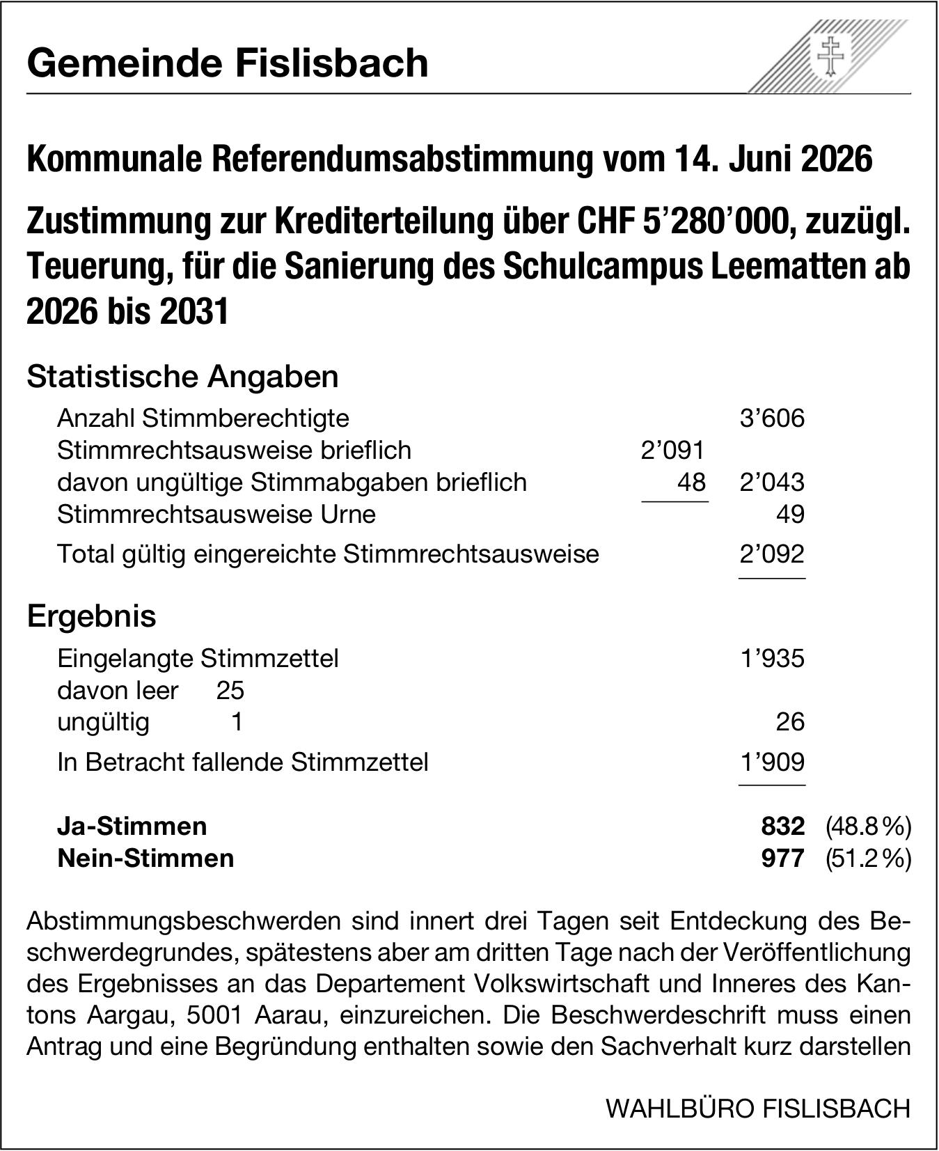 Wahlen & Abstimmungen, Gemeinde Fislisbach, Kommunale Referendumsabstimmung vom 14. Juni 2026