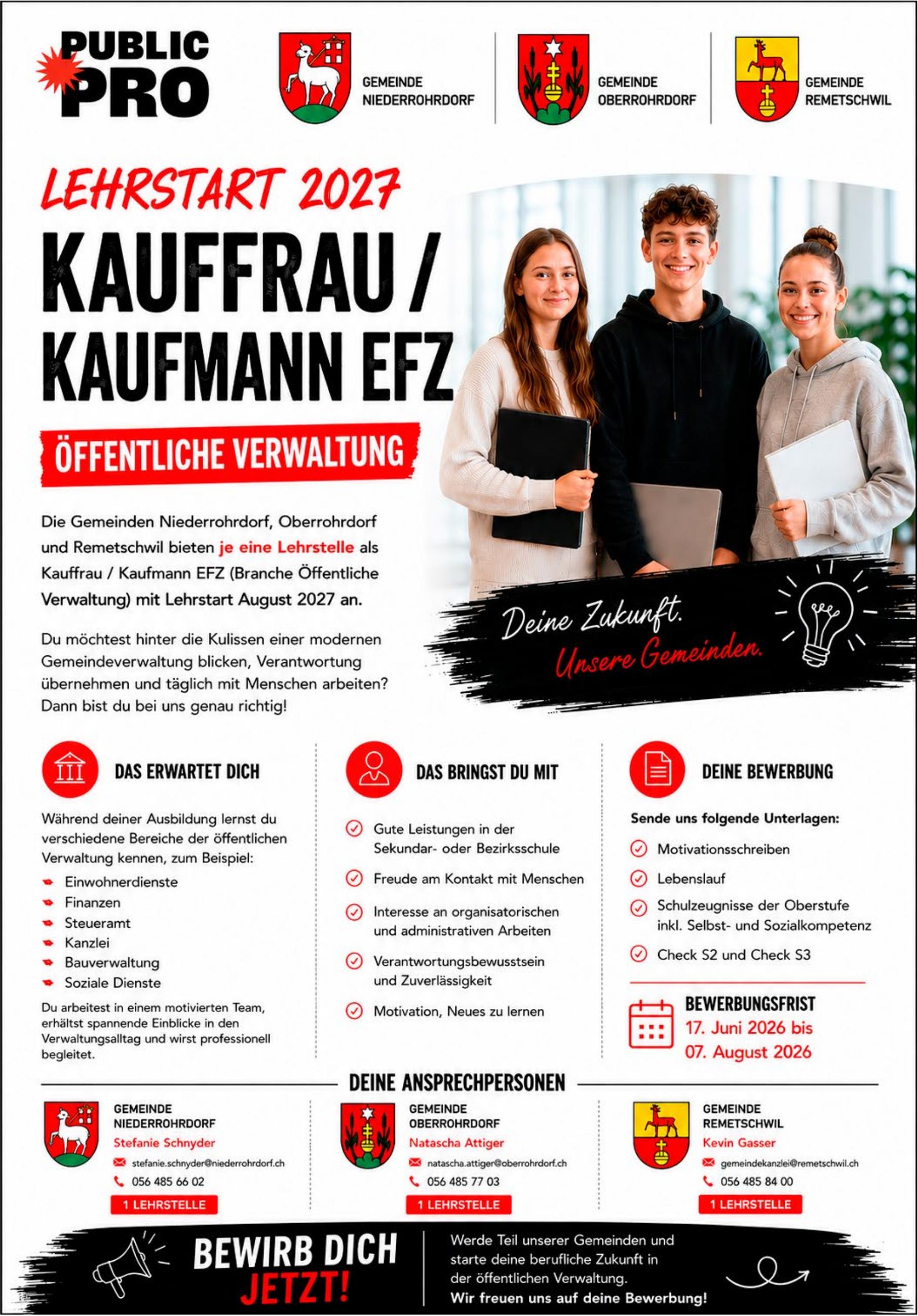 Lehrstelle als Kauffrau / Kaufmann EFZ, Gemeinde Niederrohrdorf, zu vergeben