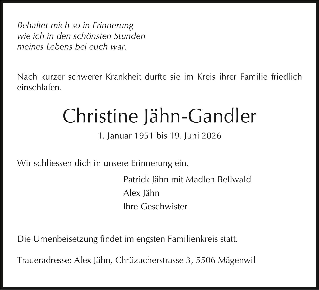 Christine Jähn-Gandler, Juni 2026 / TA