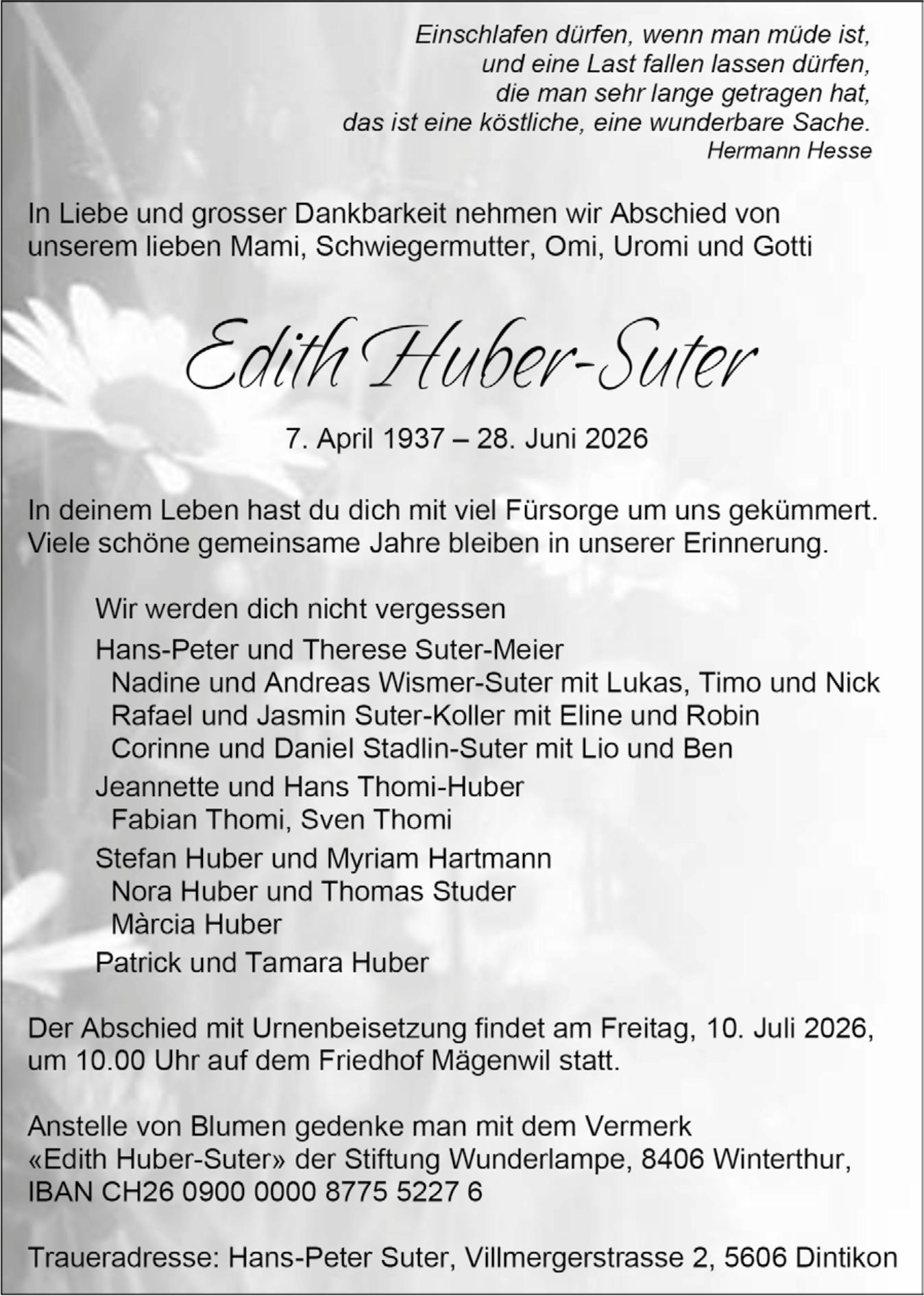 Edith Huber-Suter, Juni 2026 / TA