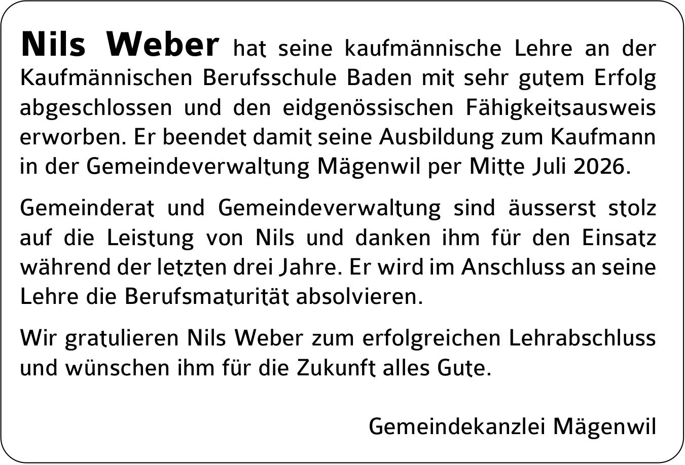Gemeindekanzlei Mägenwil - Wir gratulieren NIls Weber zum erfolgreichen Lehrabschluss