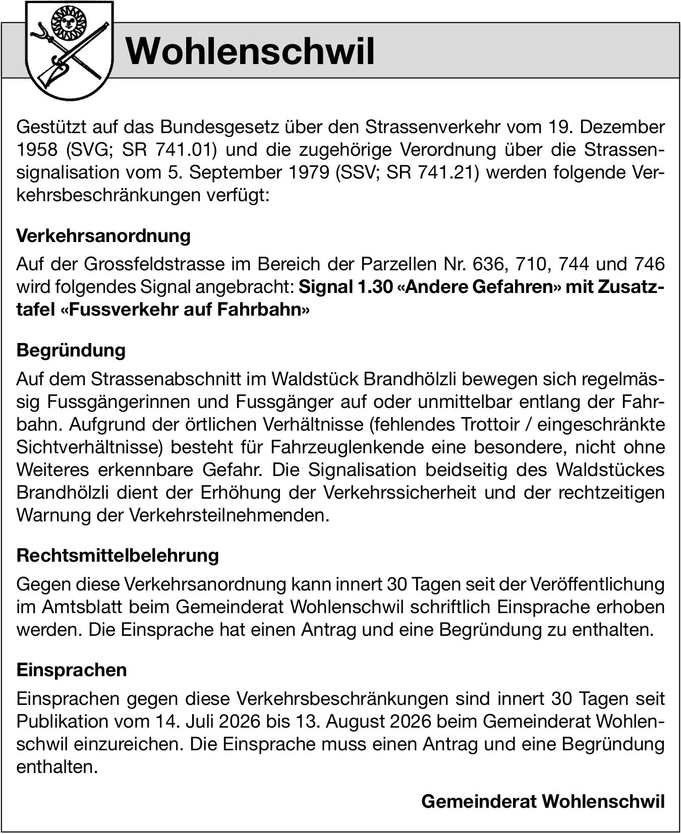 Verkehrsmaßnahmen / Wartungsarbeiten, Wohlenschwil, Verkehrsanordnung