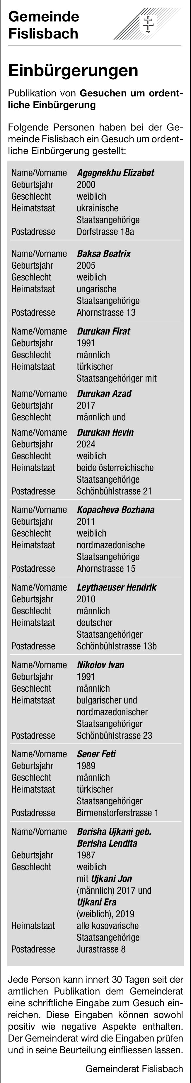 Lokale Gemeinschaft, Gemeinde Fislisbach, Publikation von Gesuchen um ordentliche Einbürgerung