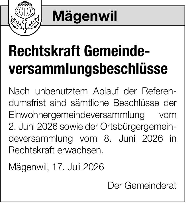 Lokale Gemeinschaft, Mägenwil, Rechtskraft Gemeindeversammlungsbeschlüsse