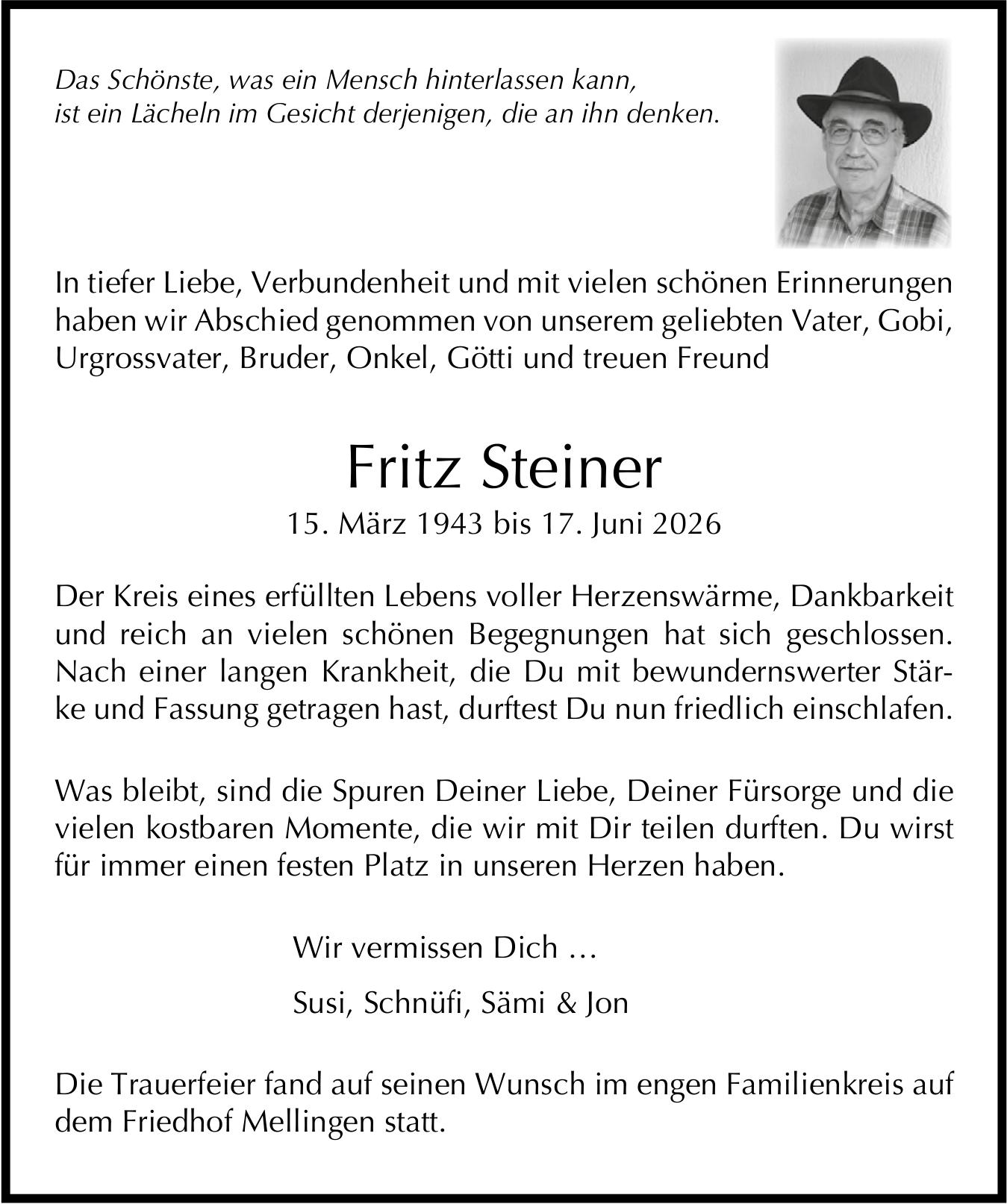 Fritz Steiner, Juni 2026 / TA