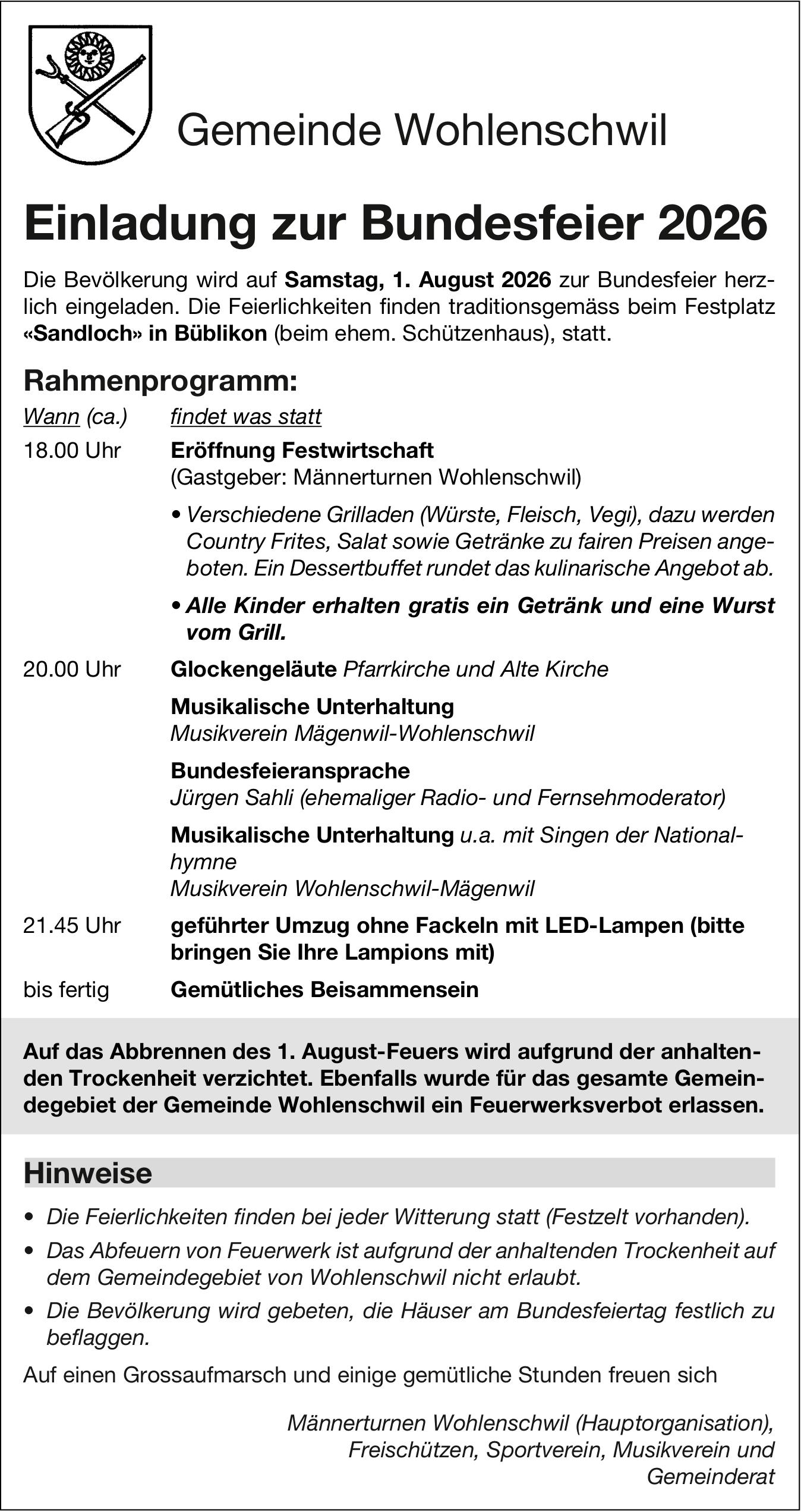 Gemeinde Wohlenschwil: Einladung zur Bundesfeier 2026, 1. August, Festplatz «Sandloch» in Büblikon