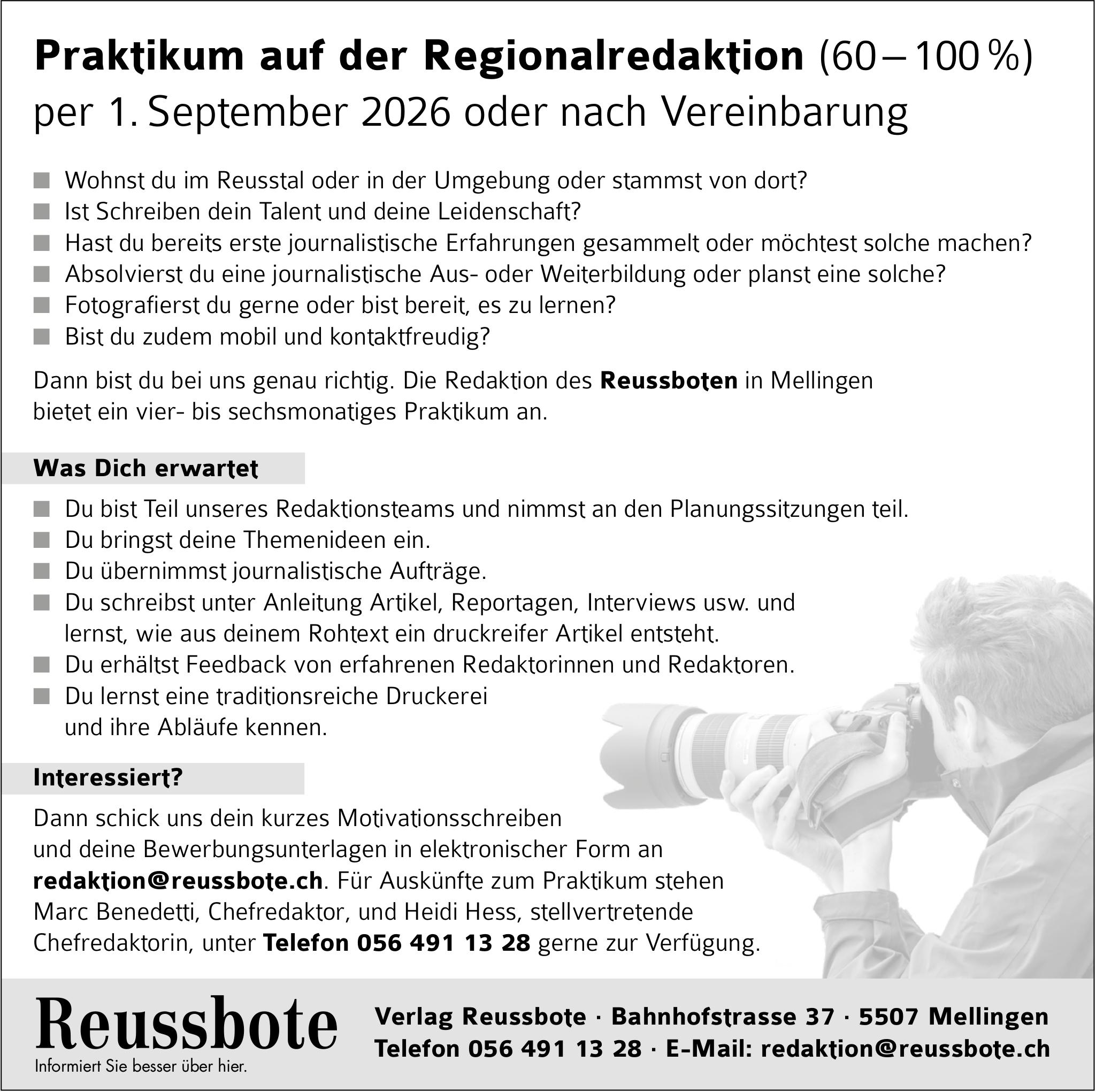 Praktikum auf der Regionalredaktion (60–100%), Verlag Reussbote, Mellingen, zu vergeben