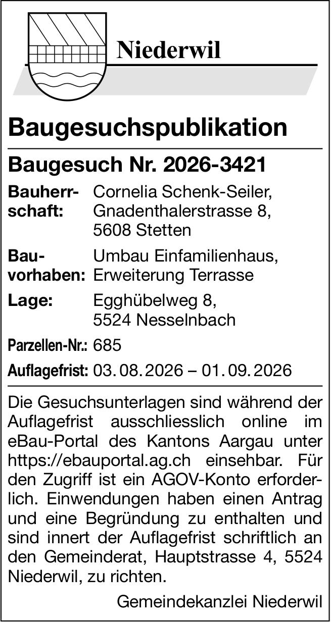 Baugesuche, Niederwil - Baugesuchpublikation, Baugesuch Nr. 2026-3421, Cornelia Schenk-Seiler