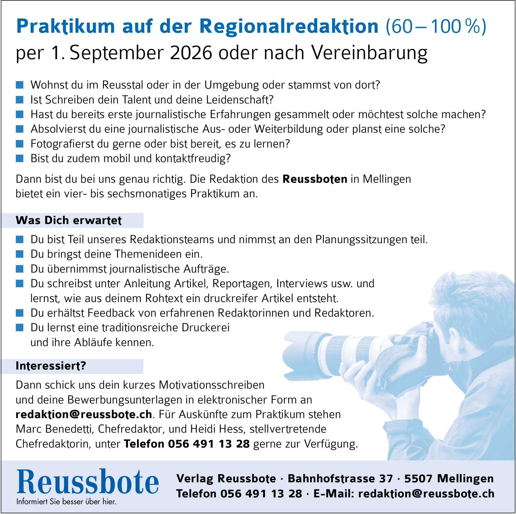 Praktikum auf der Regionalredaktion (60–100 %), Verlag Reussbote, Mellingen, zu vergeben