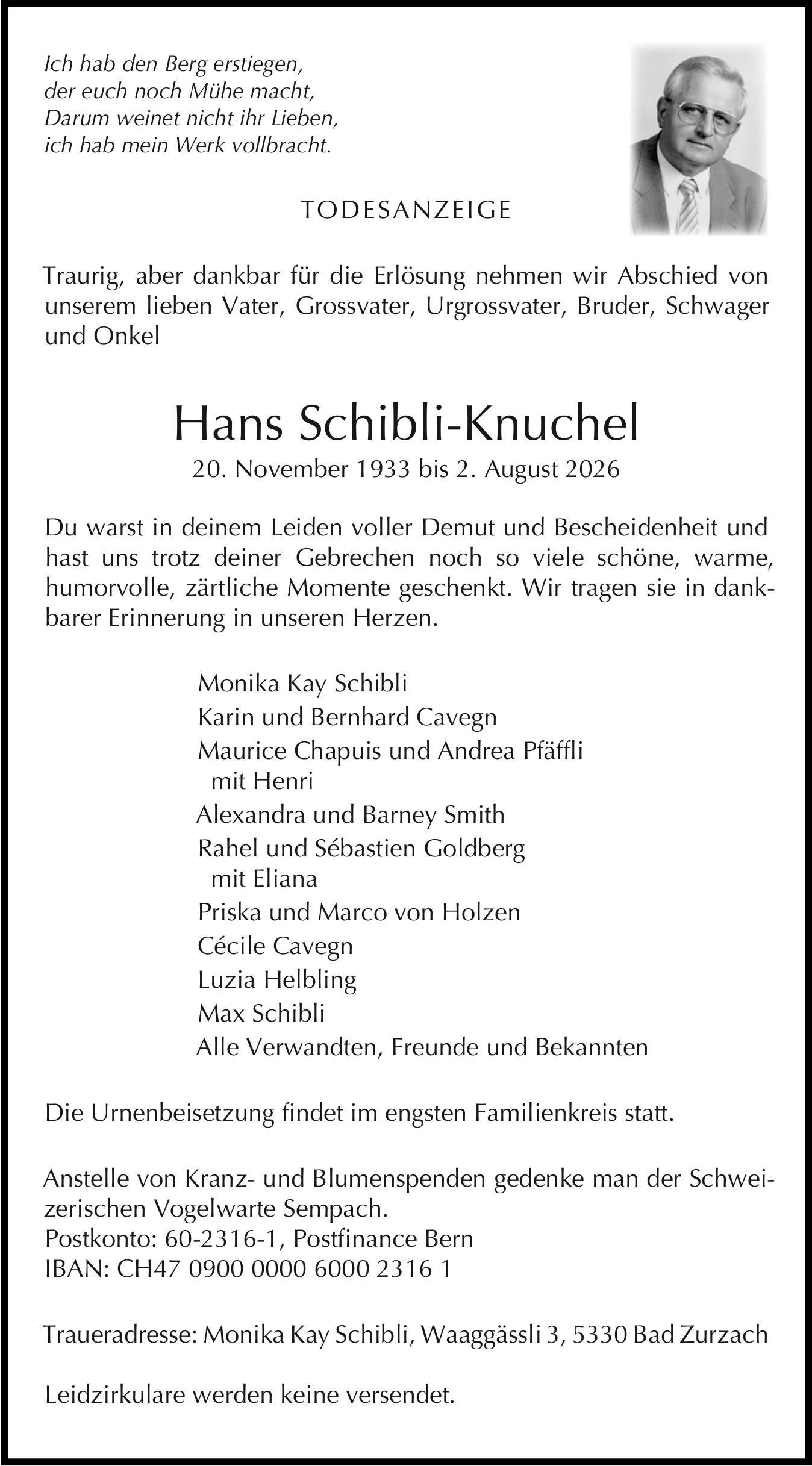 Hans Schibli-Knuchel, August 2026 / TA