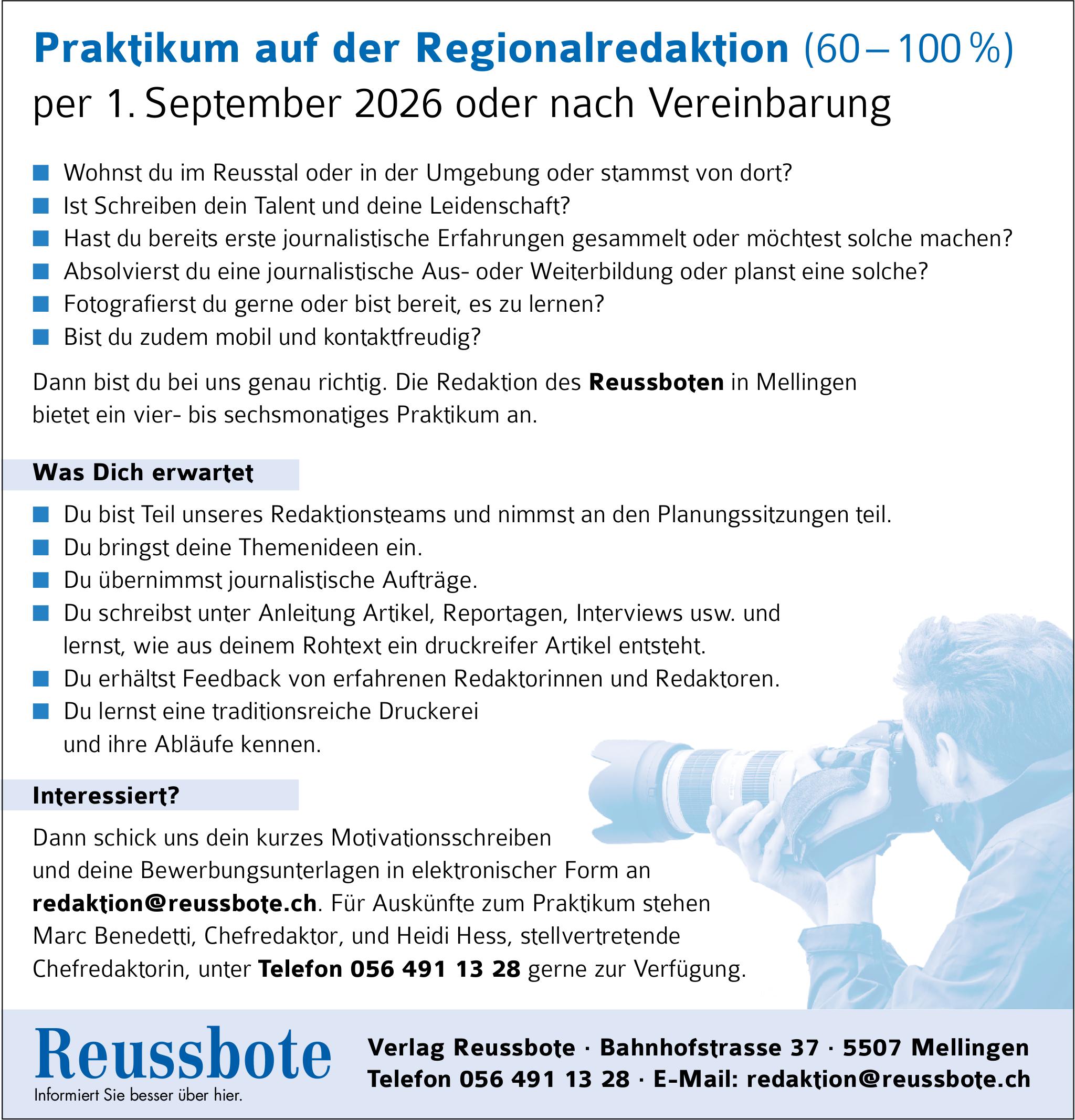 Praktikum auf der Regionalredaktion (60–100 %), Verlag Reussbote, Mellingen, zu vergeben