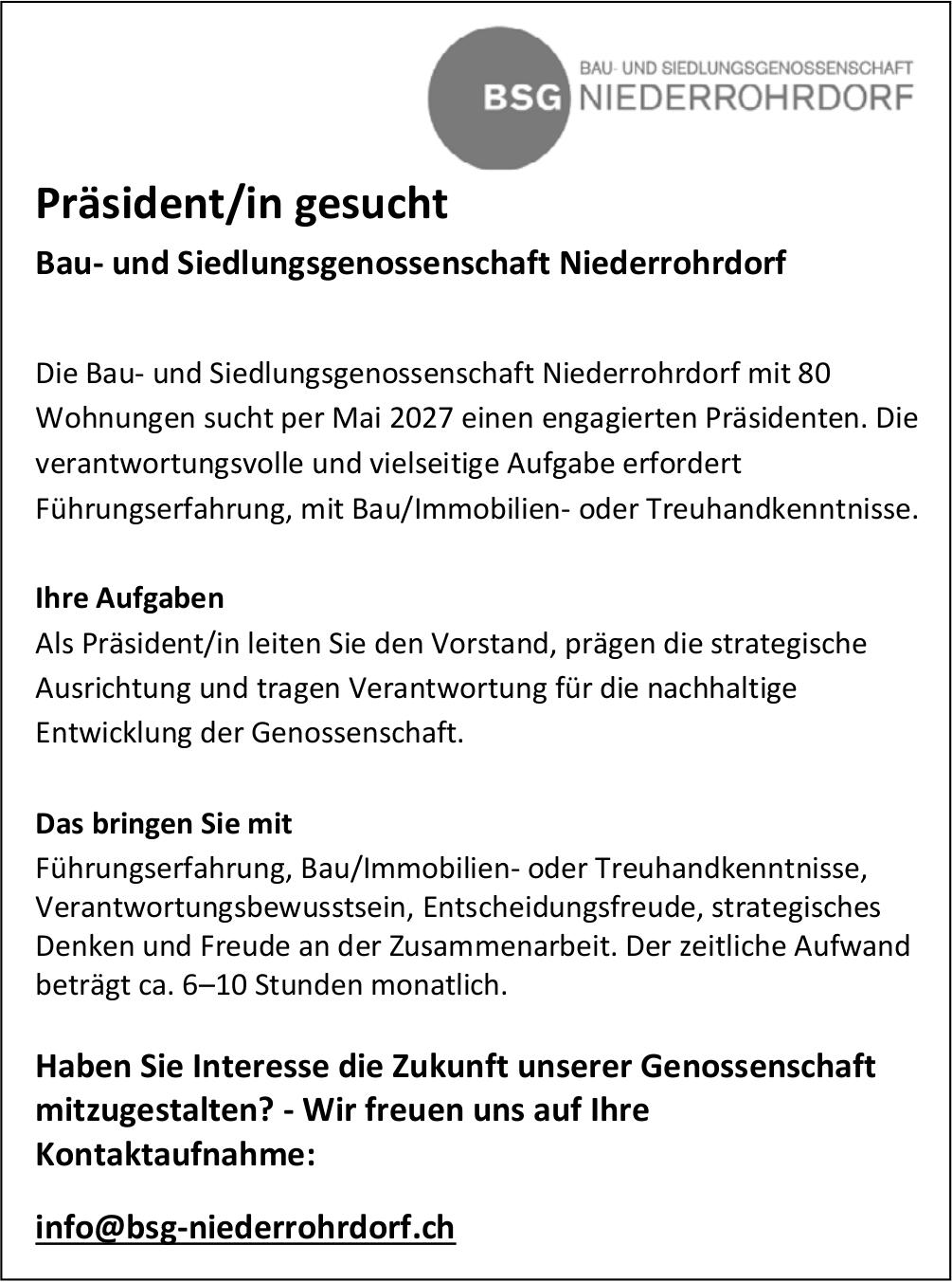 Präsident/in, Bau- und Siedlungsgenossenschaft Niederrohrdorf, Gesucht