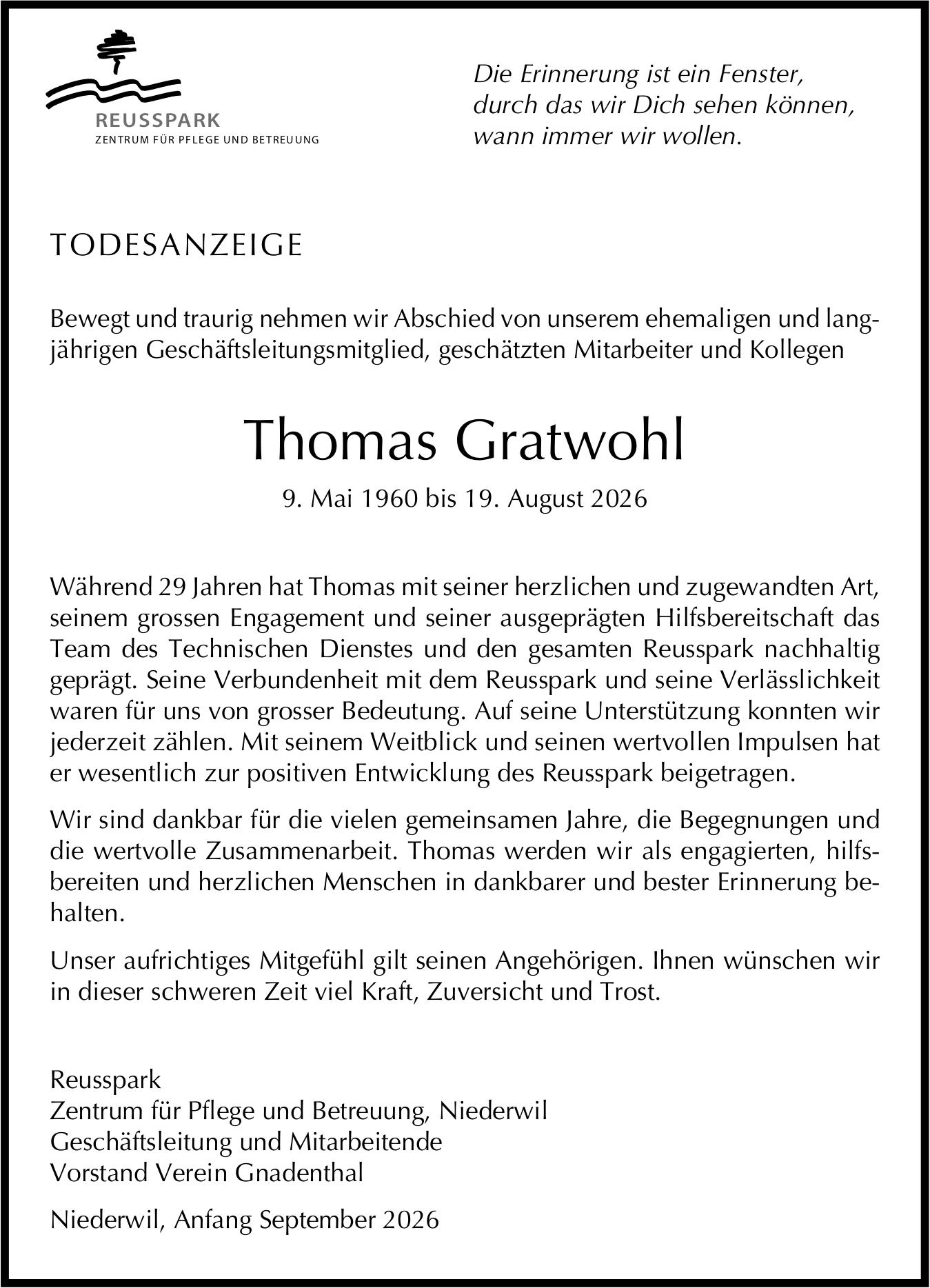 Thomas Gratwohl, August 2026 / TA