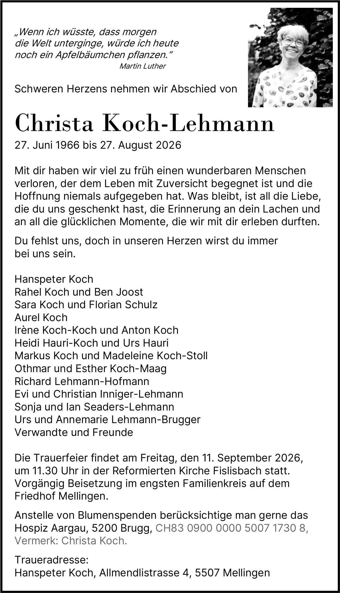 Christa Koch-Lehmann, August 2026 / TA
