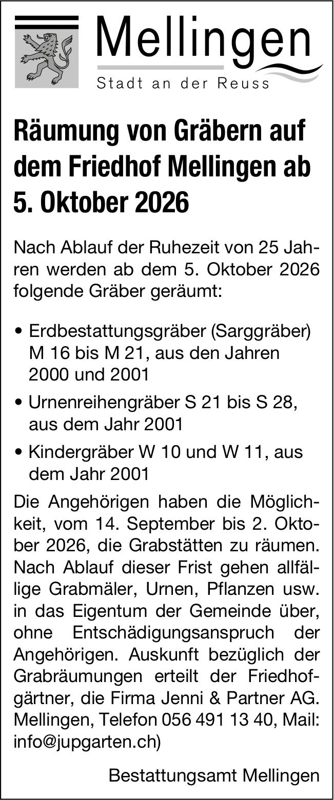 Bestattungsamt Mellingen, Räumung von Gräbern auf dem Friedhof Mellingen ab 5. Oktober 2026