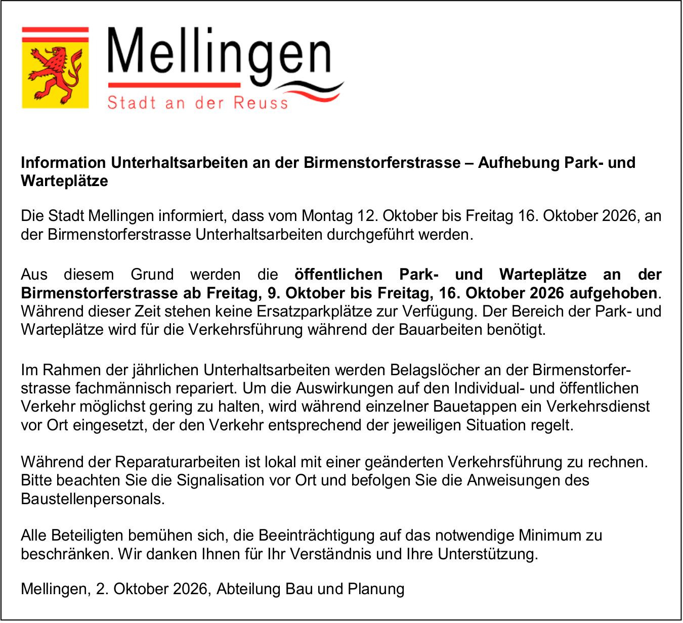 Verkehrsmaßnahmen / Wartungsarbeiten, Stadt Mellingen, Information Unterhaltsarbeiten an der Birmenstorferstrasse – Aufhebung Park- und Warteplätze