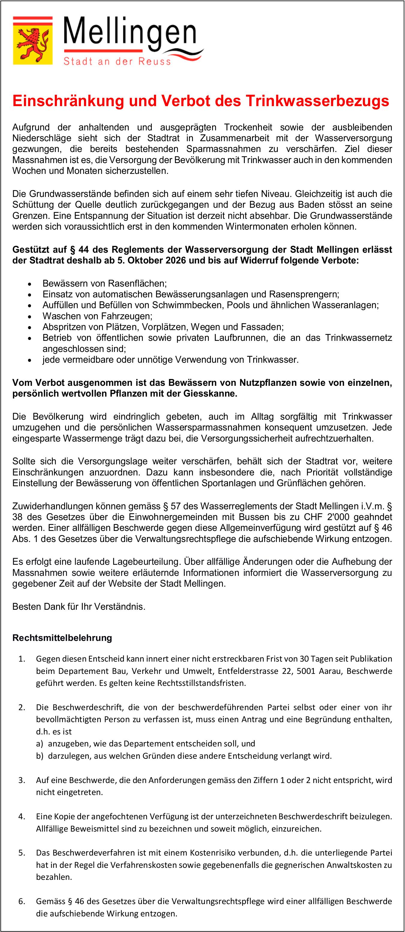 Lokale Gemeinschaft, Stadt Mellingen, Einschränkung und Verbot des Trinkwasserbezugs